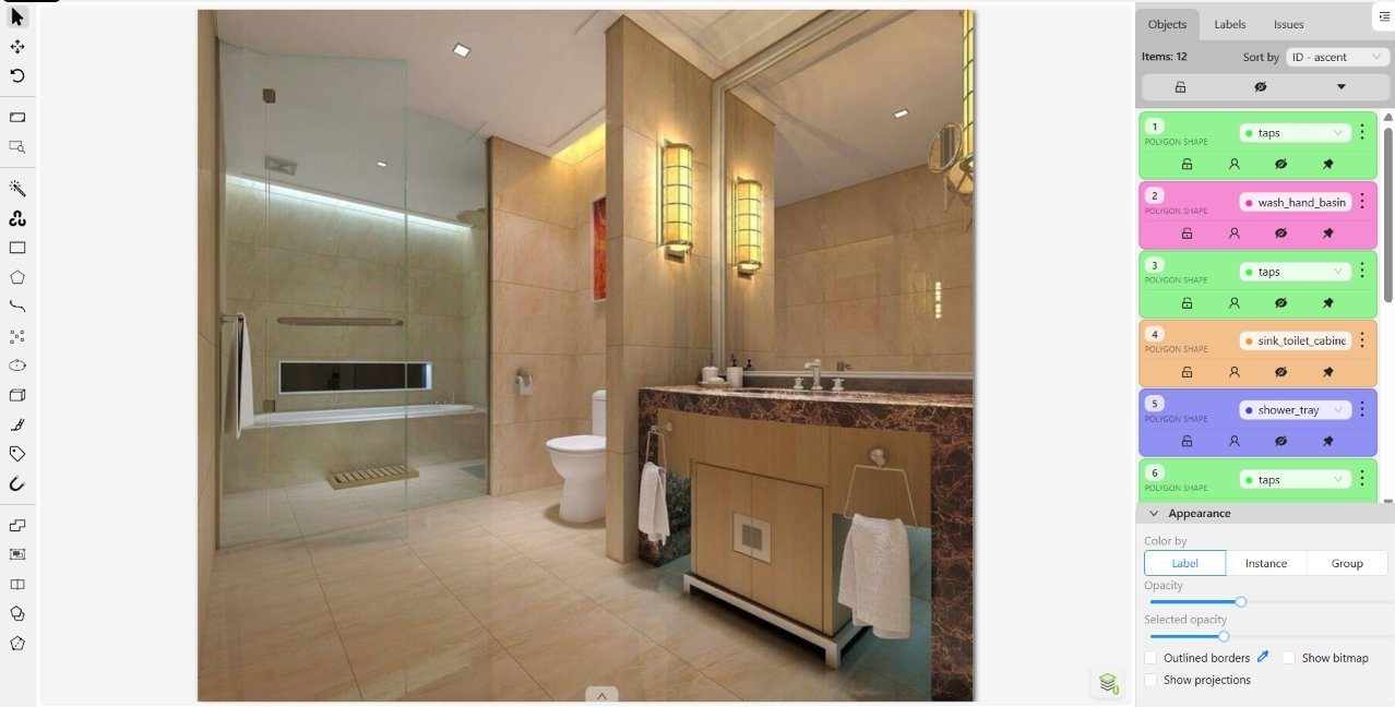 Wall tiling, floor and sanitaryware separated by class — source