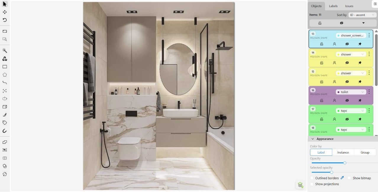 Shower glass isolated so reflections stay out of the wall mask — source