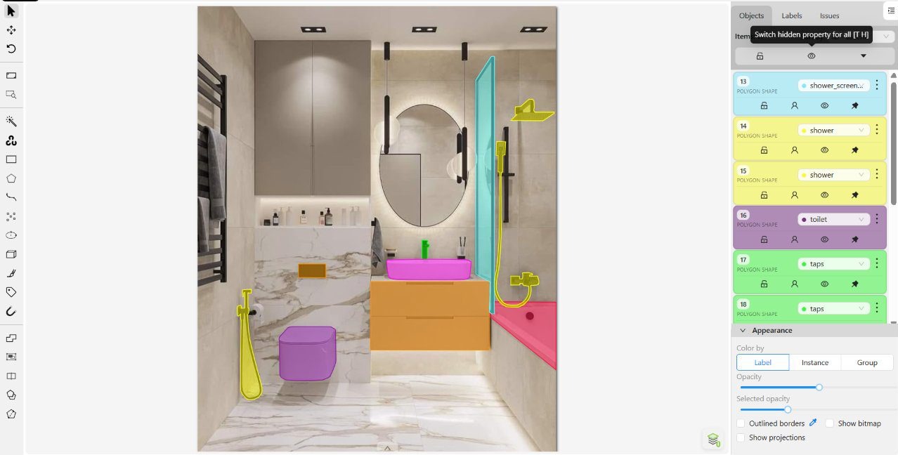 Shower glass isolated so reflections stay out of the wall mask — annotated
