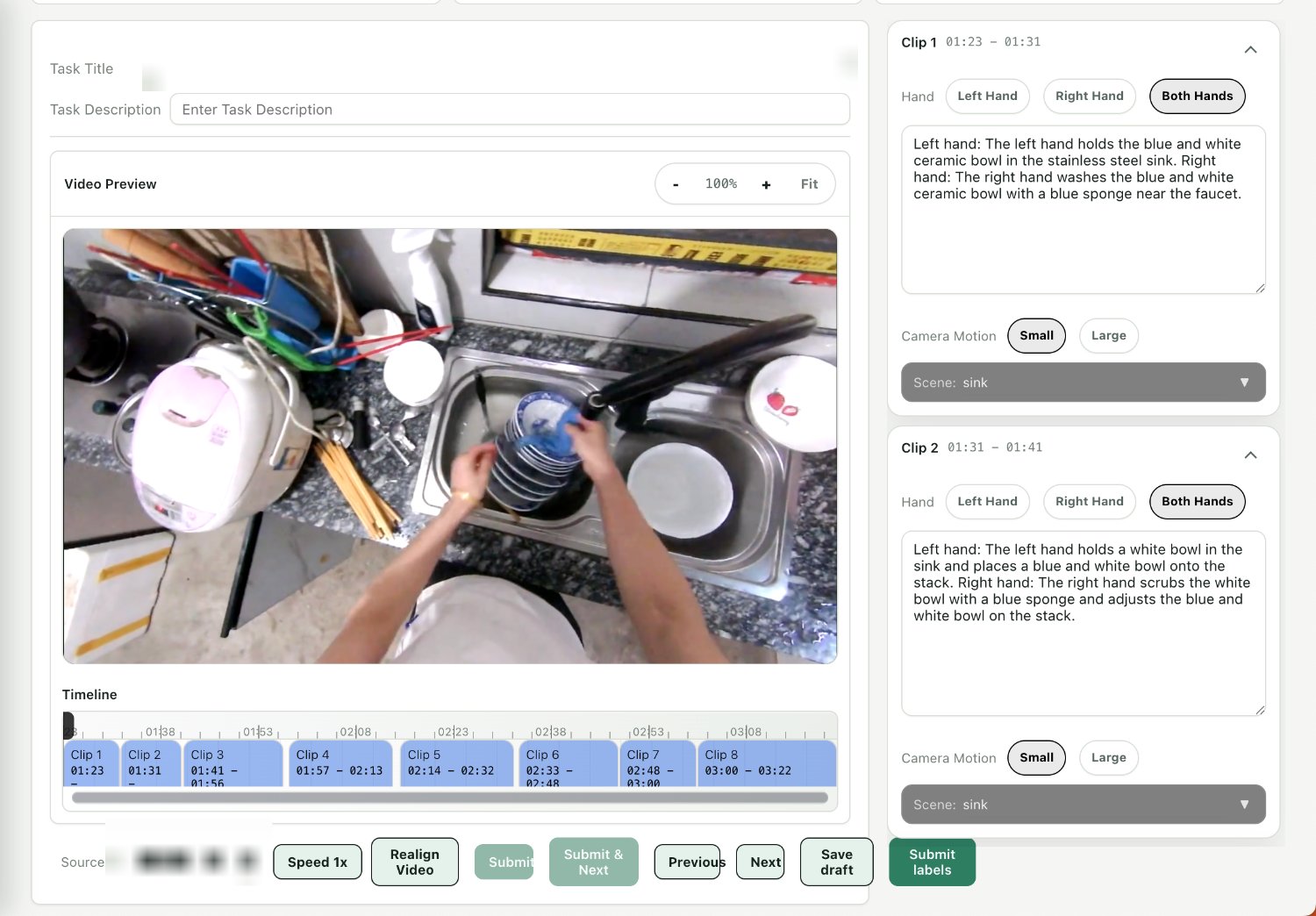 Description workspace: hand selection, per-hand text, camera motion, scene