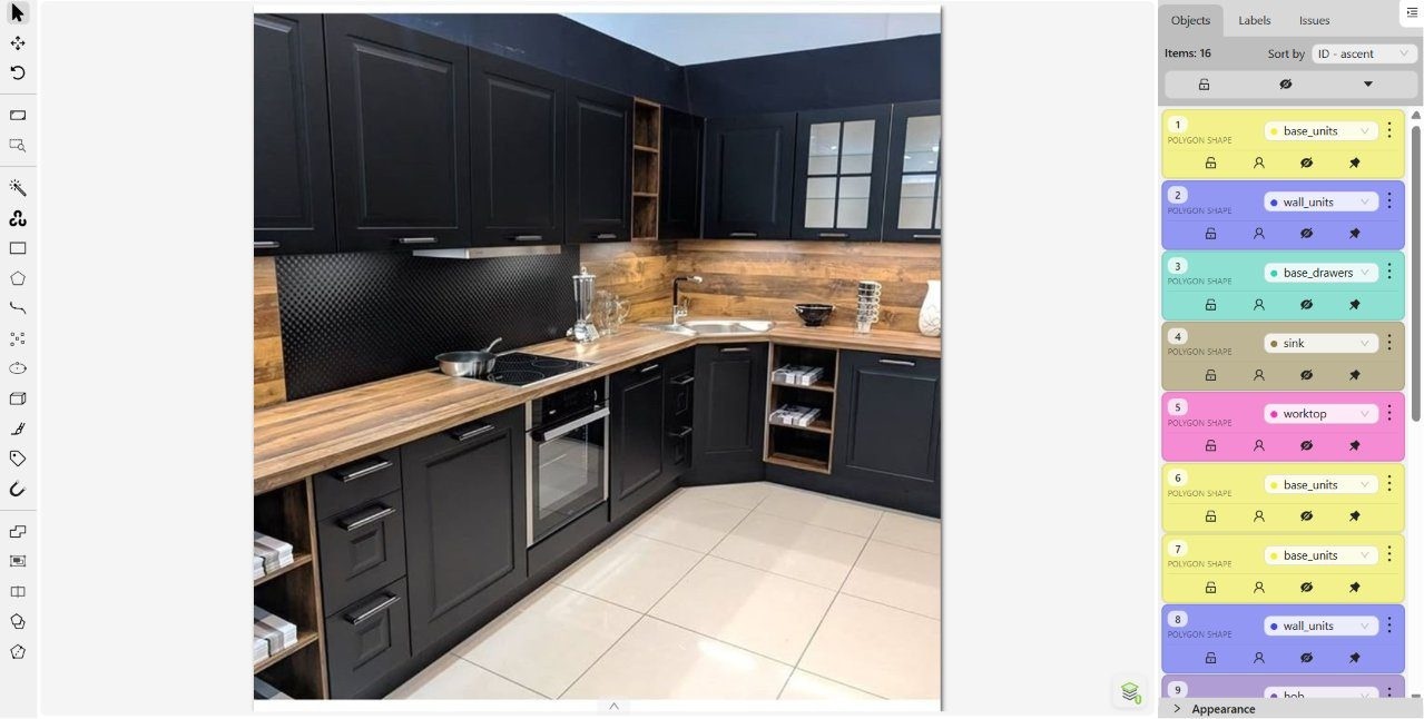 Cabinet runs, worktop and splashback each cut as separate classes — source