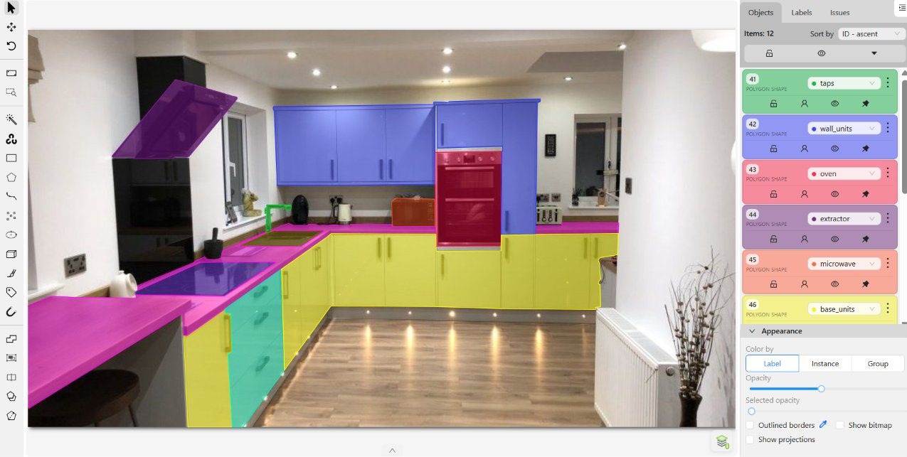 Open-plan kitchen with the island separated from the perimeter run — annotated